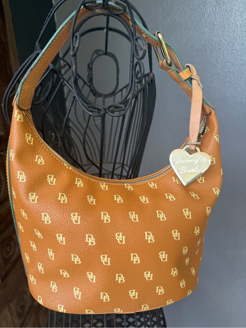 Dooney & Bourke Tan Logo-Print Hobo with Gold Heart Charm
